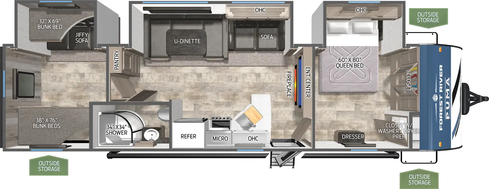 The Puma 32RBFQ floorplan has one entry and three slide outs. Exterior features include: metal exterior and 21' awning. Interiors features include: bunk beds, u-dinette and front bedroom.